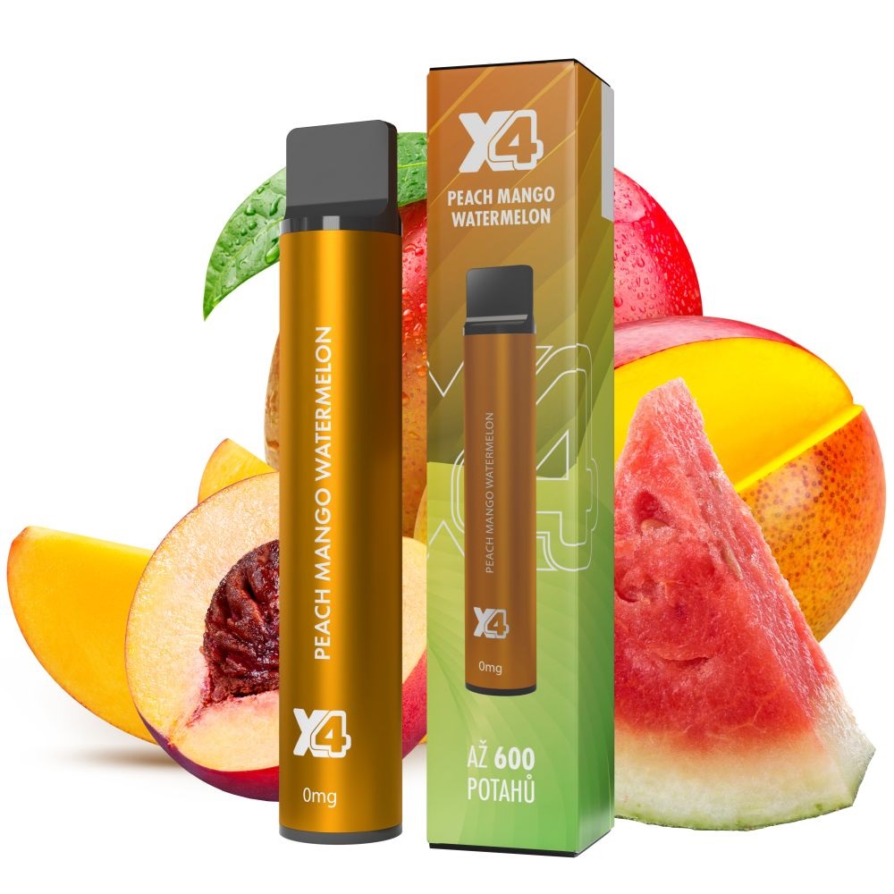 Jednorázová elektronická cigareta X4 Bar Zero - Peach Mango Watermelon (Broskev, Mango a Vodní meloun) 0mg