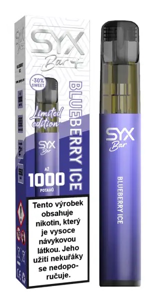 Jednorázová e-cigareta SYX BAR LTD - Blueberry Ice (Ledová borůvka) 16,5mg Sladkost ubrána o 30%, chuť posílena.