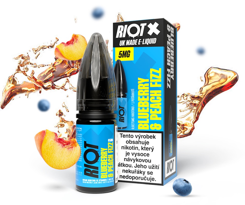 E-liquid RIOT X Salt - Blueberry & Peach Fizz (Mix borůvky a broskve) 10ml – 5mg