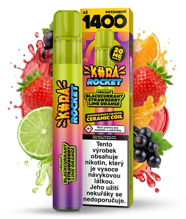 Jednorázová e-cigareta Kura Rocket - Blackcurrant Strawberry Lime Orange (Rybíz, Jahoda, Limetka a Pomeranč) 20mg Novinka