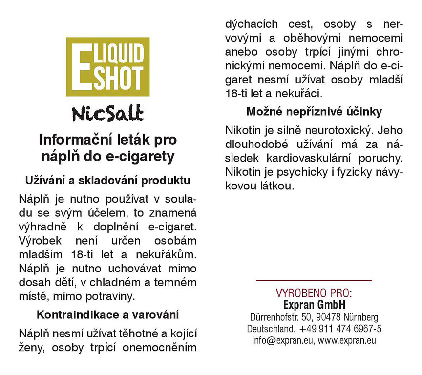 E-Liquid Shot - Booster NicSalt - 70VG / 30PG - 20mg - 5x10ml